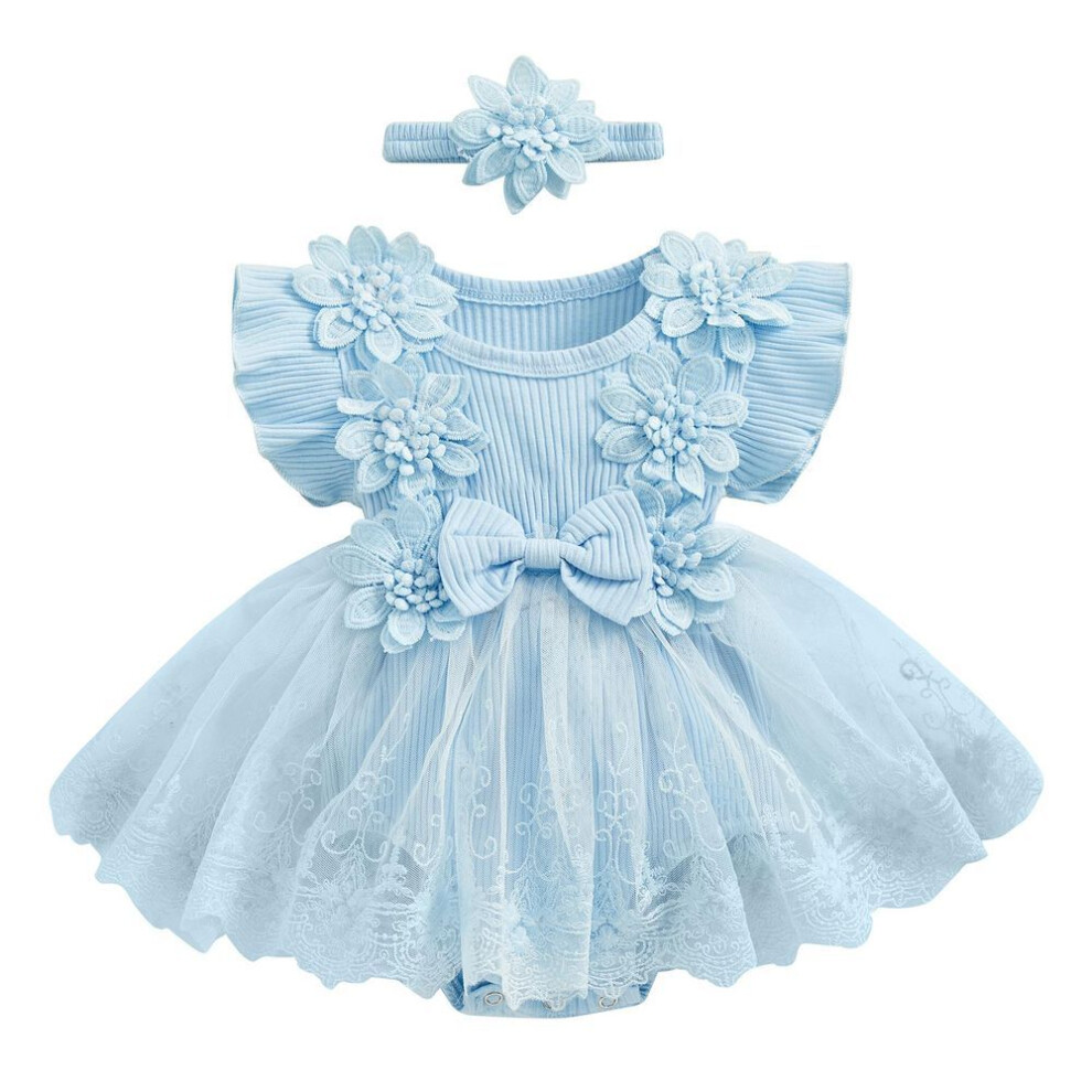 (blue, 3-6 Months) Baby Girl 2 Piece Outfits 3m 6m 12m 18m Mesh Lace Patchwork Ruffle Romper Dress And Headband Cute Fashion Summer Clothes