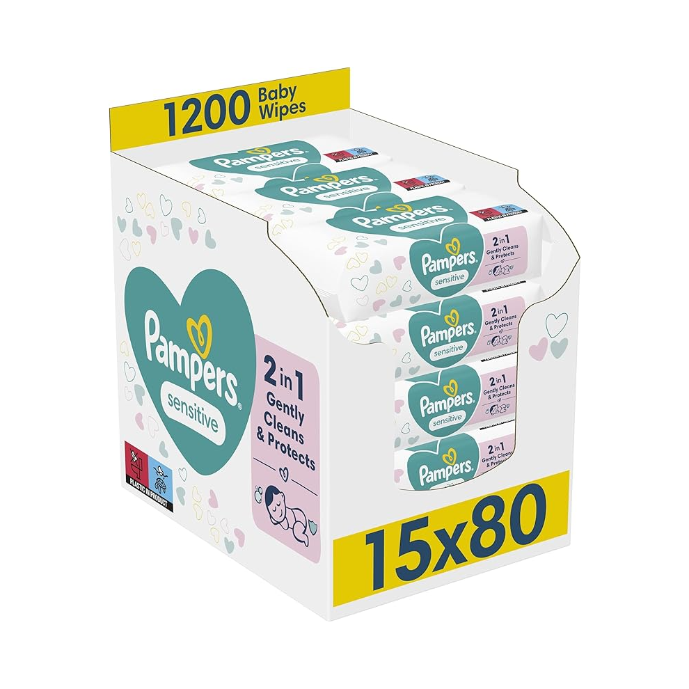 Pampers Sensitive Baby Wipes 15 Packs Of 80 = 1200 Baby Wet Wipes, Unscented, For A Soft And Gentle Clean