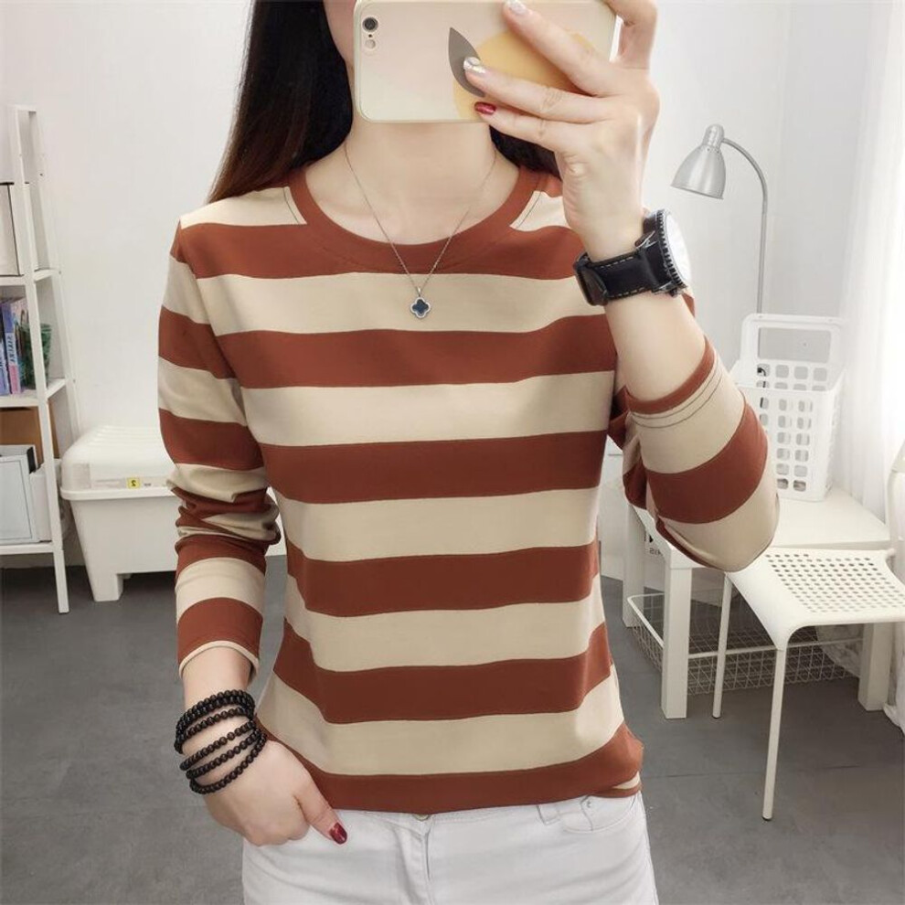 (L (106-120 lbs), coffee) Spring 2024 Korean Oversized Striped Cotton Long-sleeve Women's T-shirt