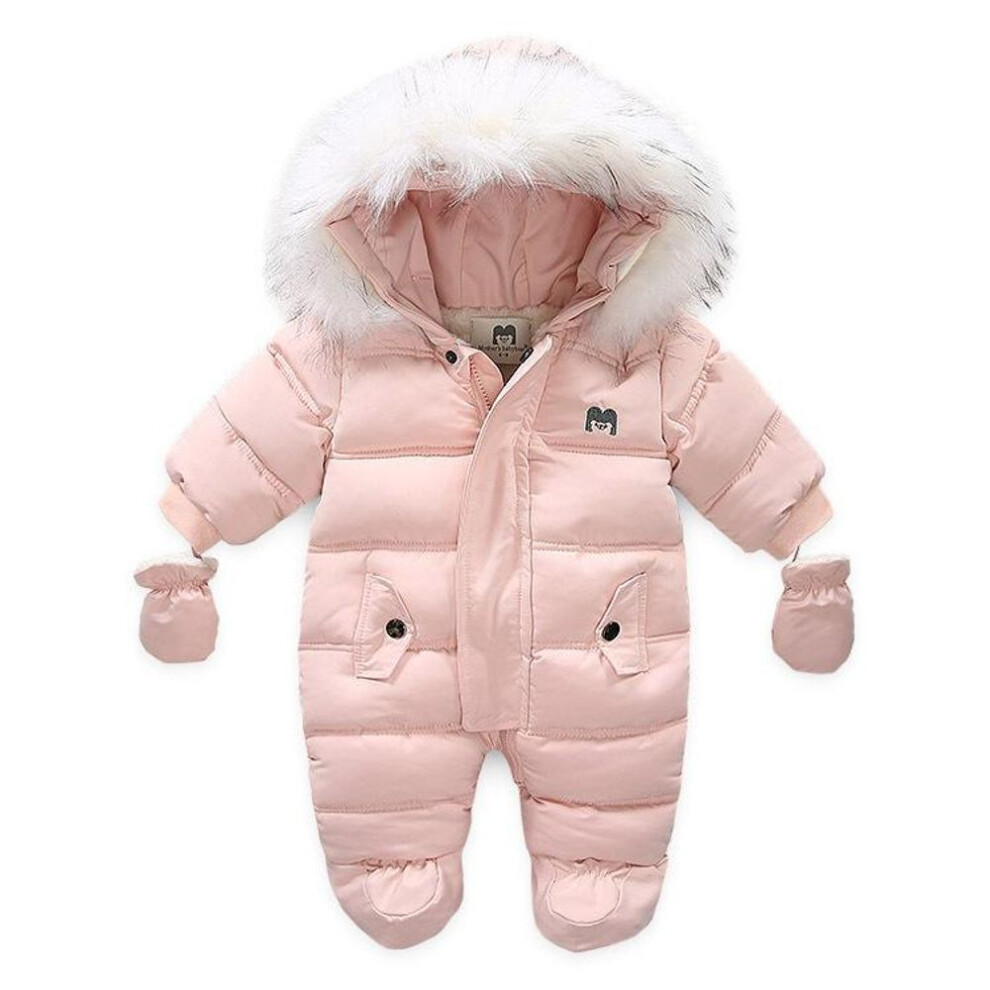 (pink, 60CM) Thick Warm Infant Baby Jumpsuit Hooded Inside Fleece Boy Girl Winter Autumn Overalls Children Outerwear Kids Snowsuit