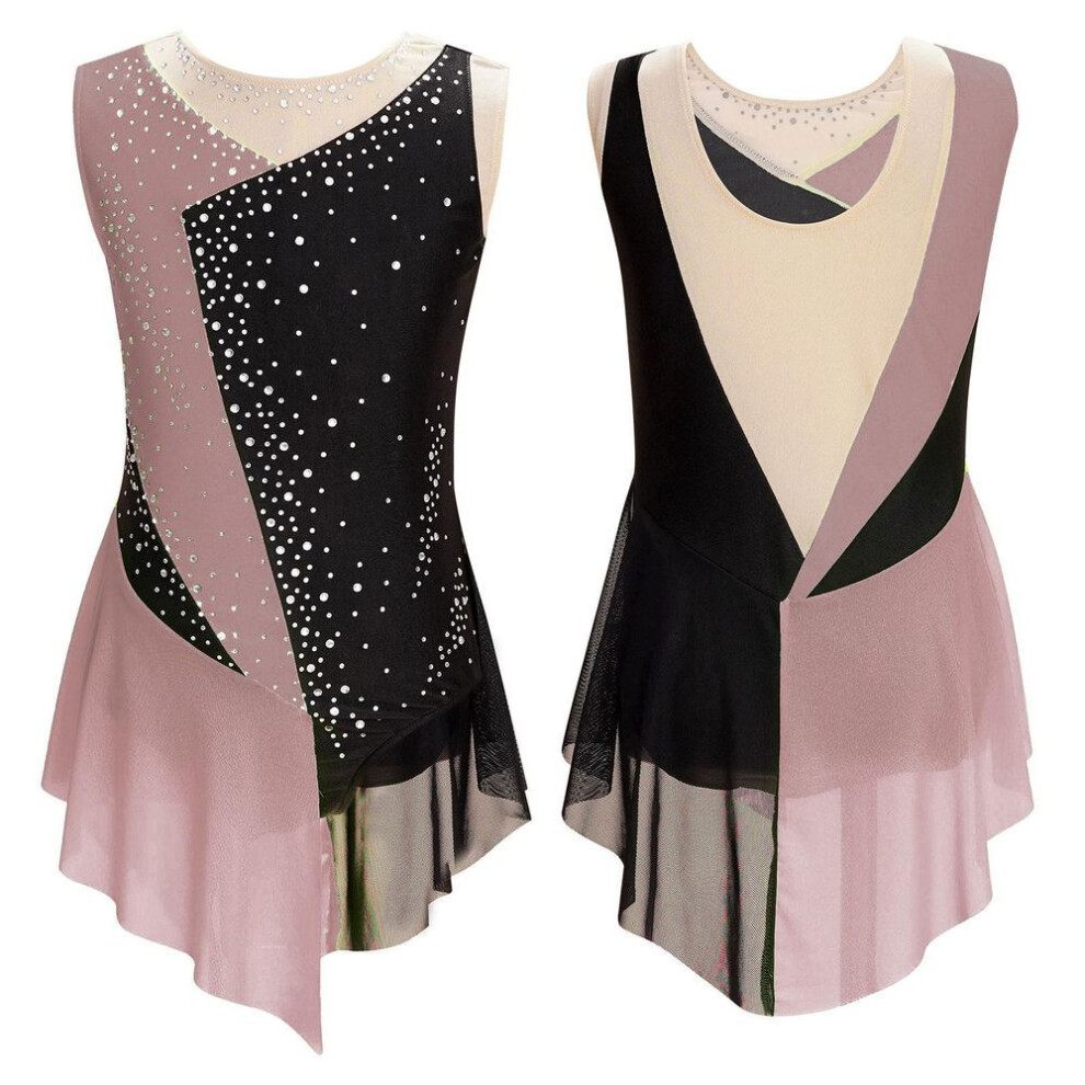 (brown, 13-14 Years) Kids Girls Shiny Rhinestone Sheer Mesh Sleeveless Bodysuit Ballet Figure Skating Gymnastics Leotard Dress