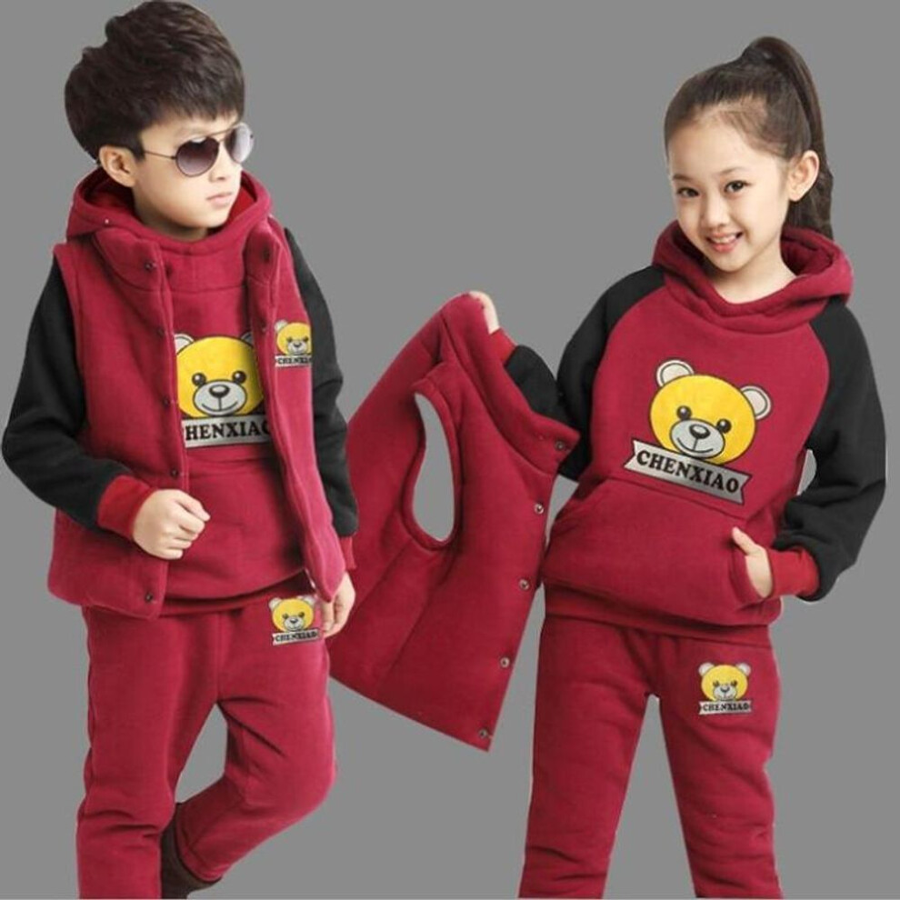 (red, 140) New Boy Girls Winter Set Child Sports Thick Fleece Hoodies+Pants+Vest 3pcs Sets Children's Clothing Boy Sweatshirts Casual Suits