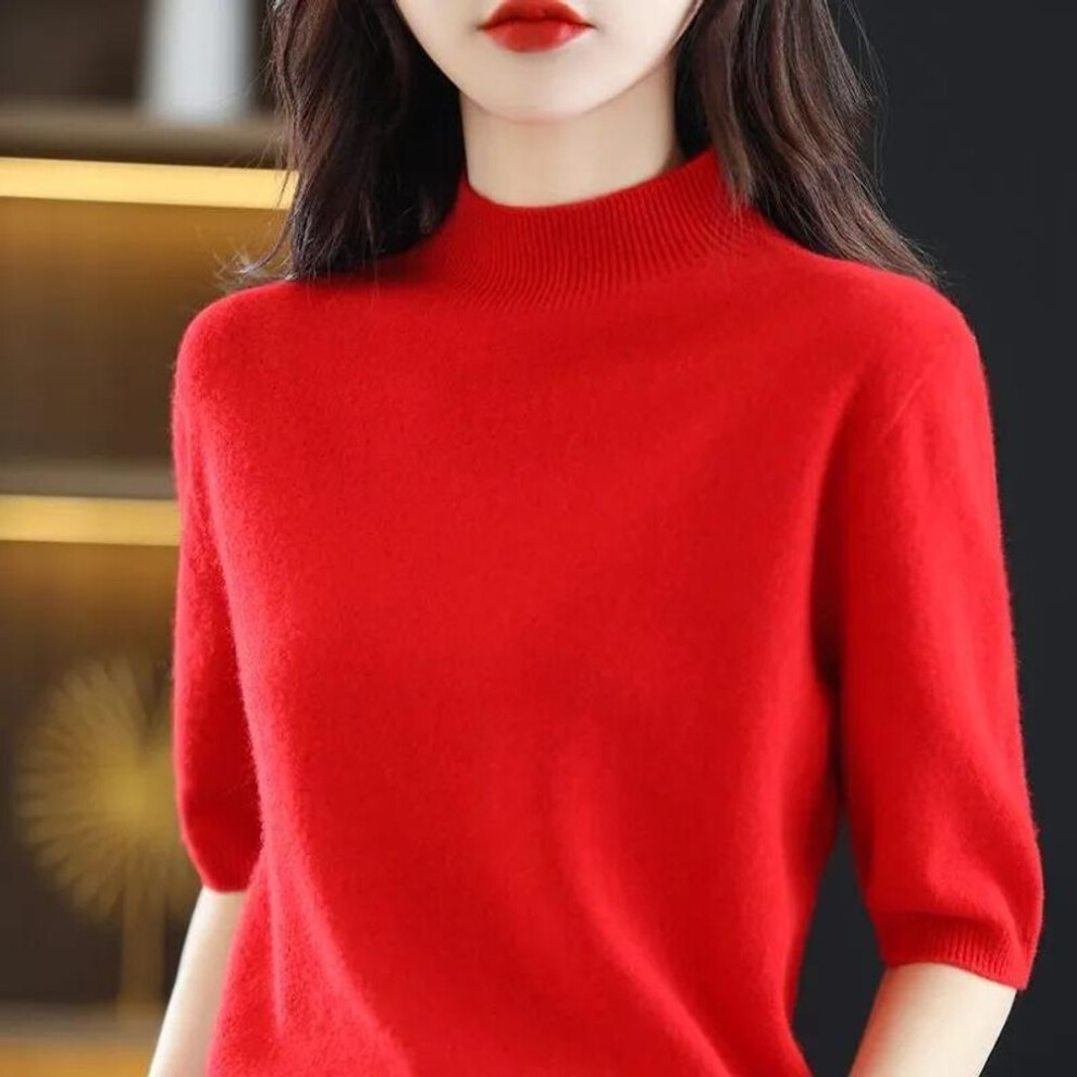 (S, red) Spring/summer Women's Half Turtleneck Loose Top