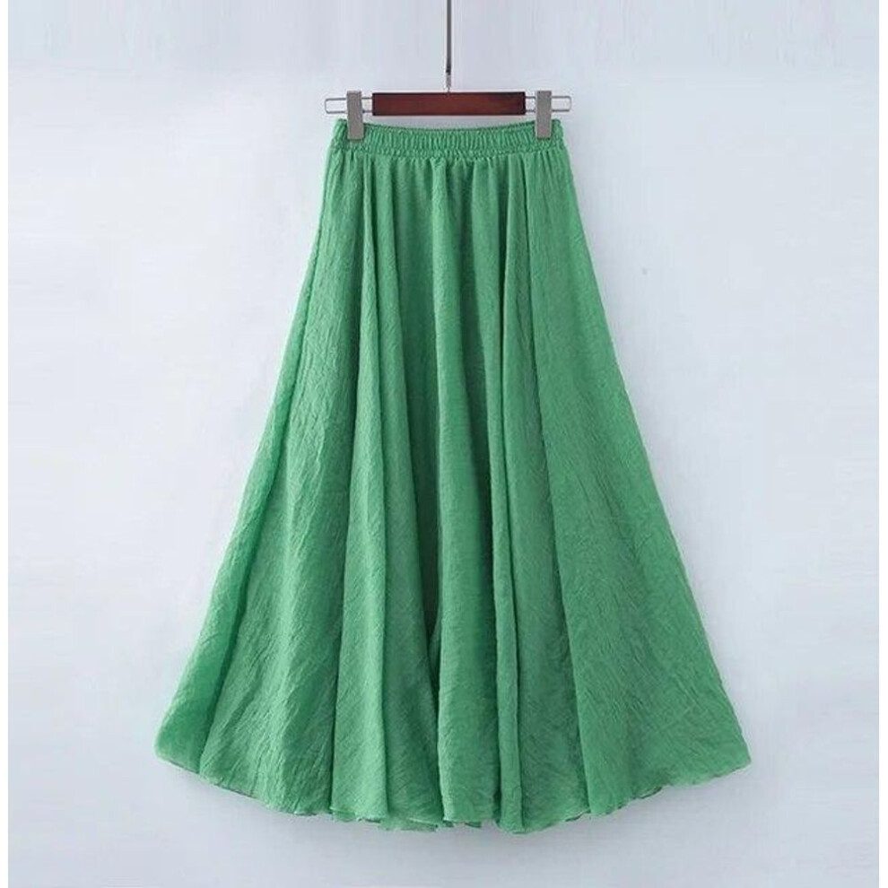 (M, green) Cotton Linen Maxi Skirt Womens Casual Elastic High Waist Pleated A-line Beach Skirts