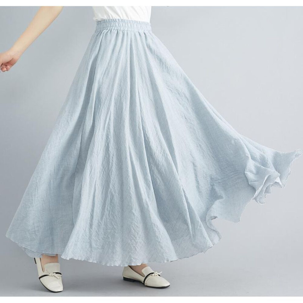 (M, grey) Cotton Linen Maxi Skirt Womens Casual Elastic High Waist Pleated A-line Beach Skirts