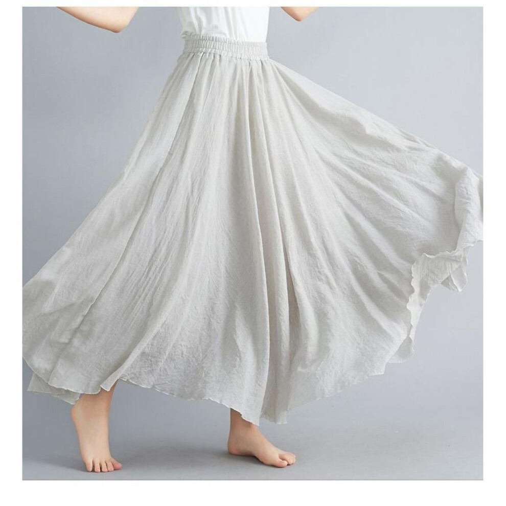 (M, beige) Cotton Linen Maxi Skirt Womens Casual Elastic High Waist Pleated A-Line Beach Skirts