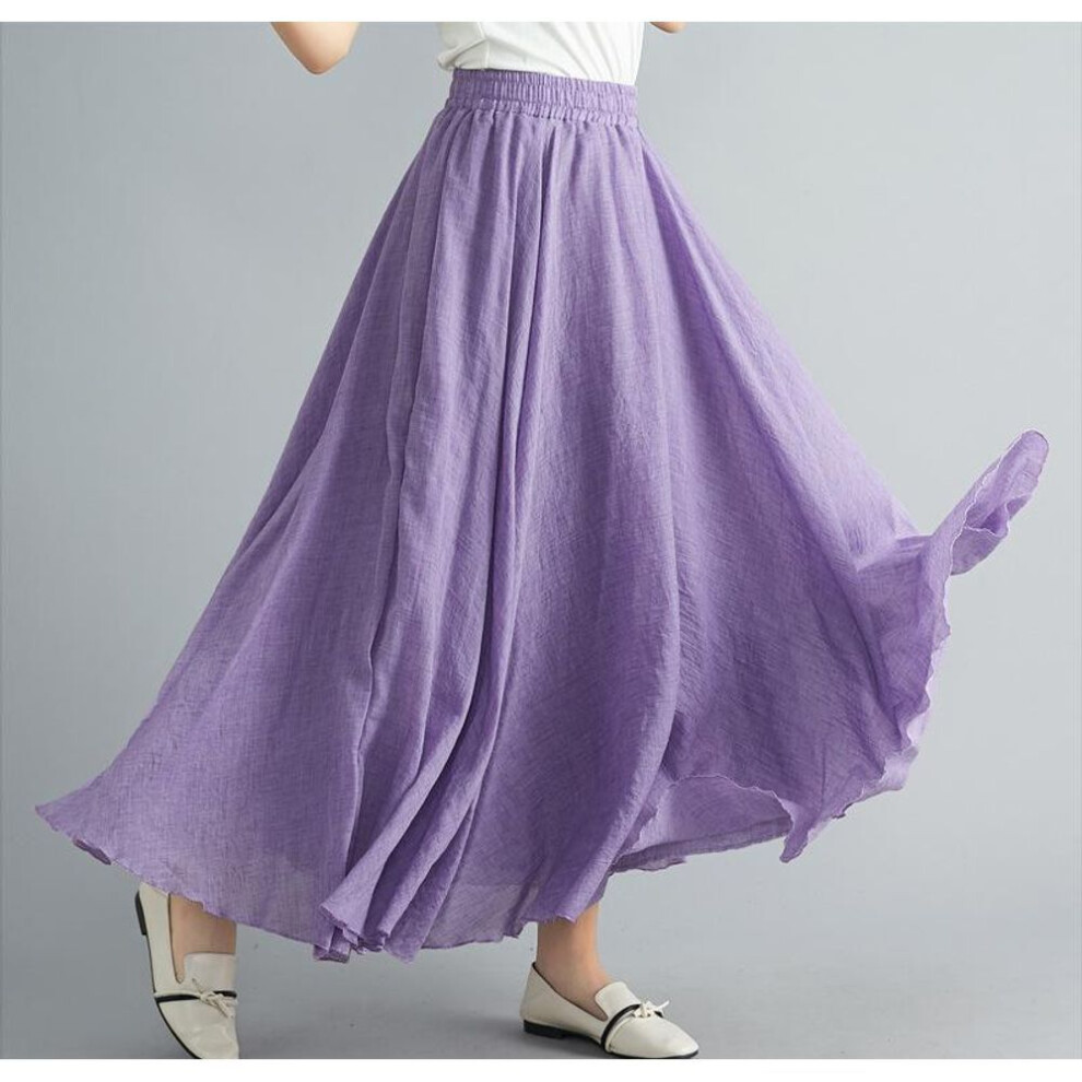 (L, purple) Cotton Linen Maxi Skirt Womens Casual Elastic High Waist Pleated A-line Beach Skirts