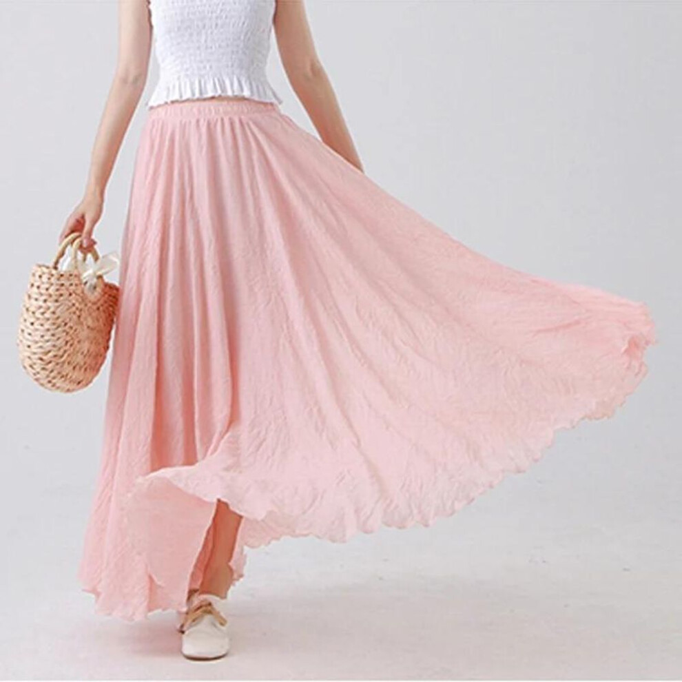 (L, pink) Cotton Linen Maxi Skirt Womens Casual Elastic High Waist Pleated A-Line Beach Skirts