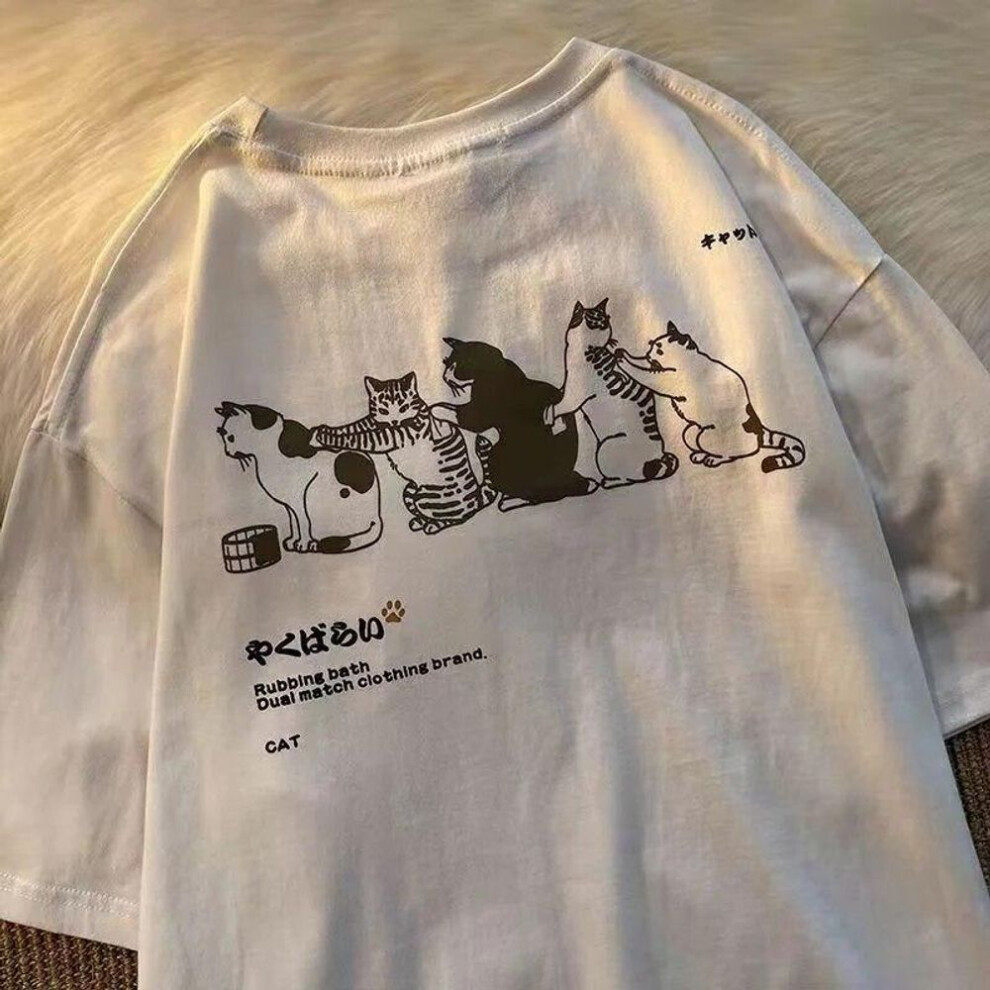 (XL, white) Real Photo Cute Cat Printed Oversized Pure Cotton Women Plus T-Shirt Round Neck Short Tee