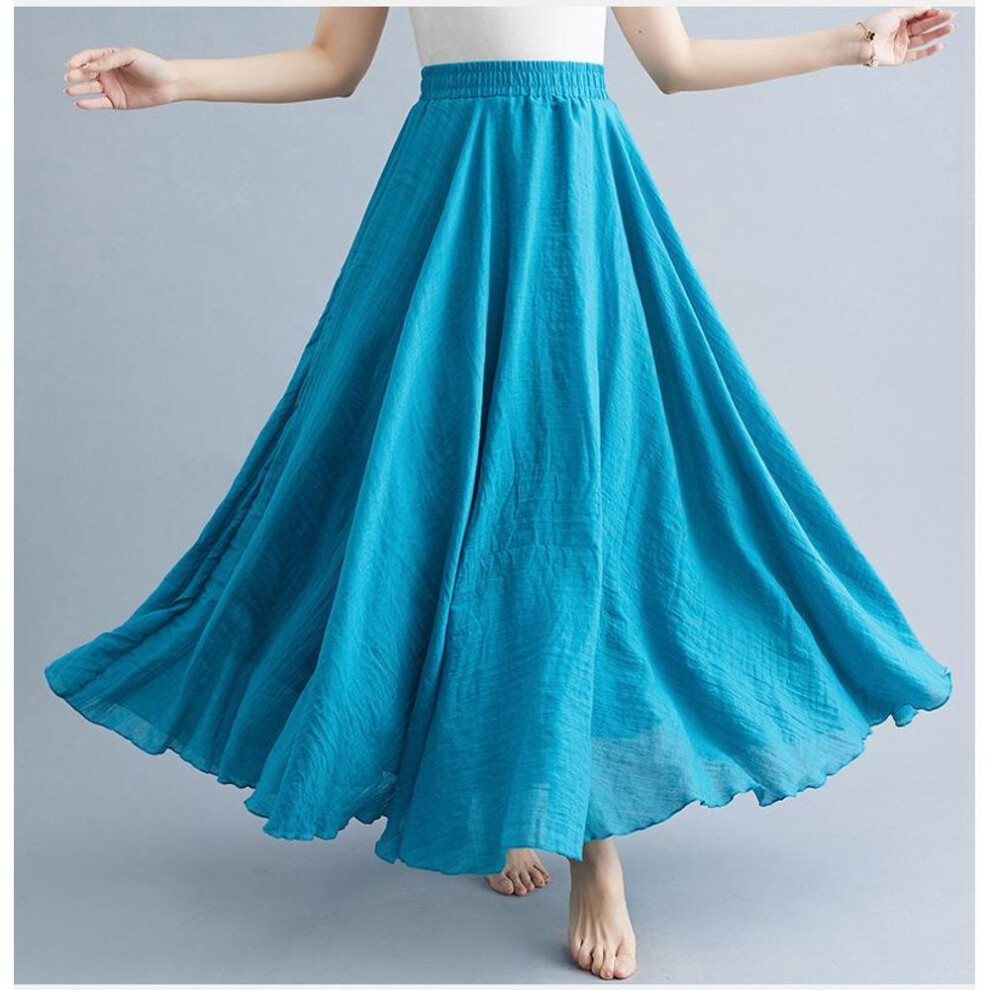 (L, sapphire blue) Cotton Linen Maxi Skirt Womens Casual Elastic High Waist Pleated A-line Beach Skirts