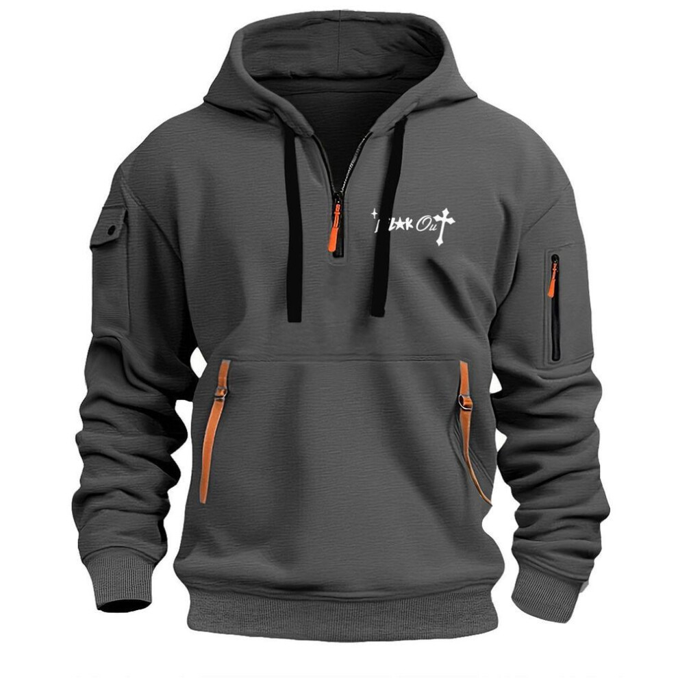 (dark grey, S) Men's Quarter Zip Pocket Hoodie For Sports & Streetwear