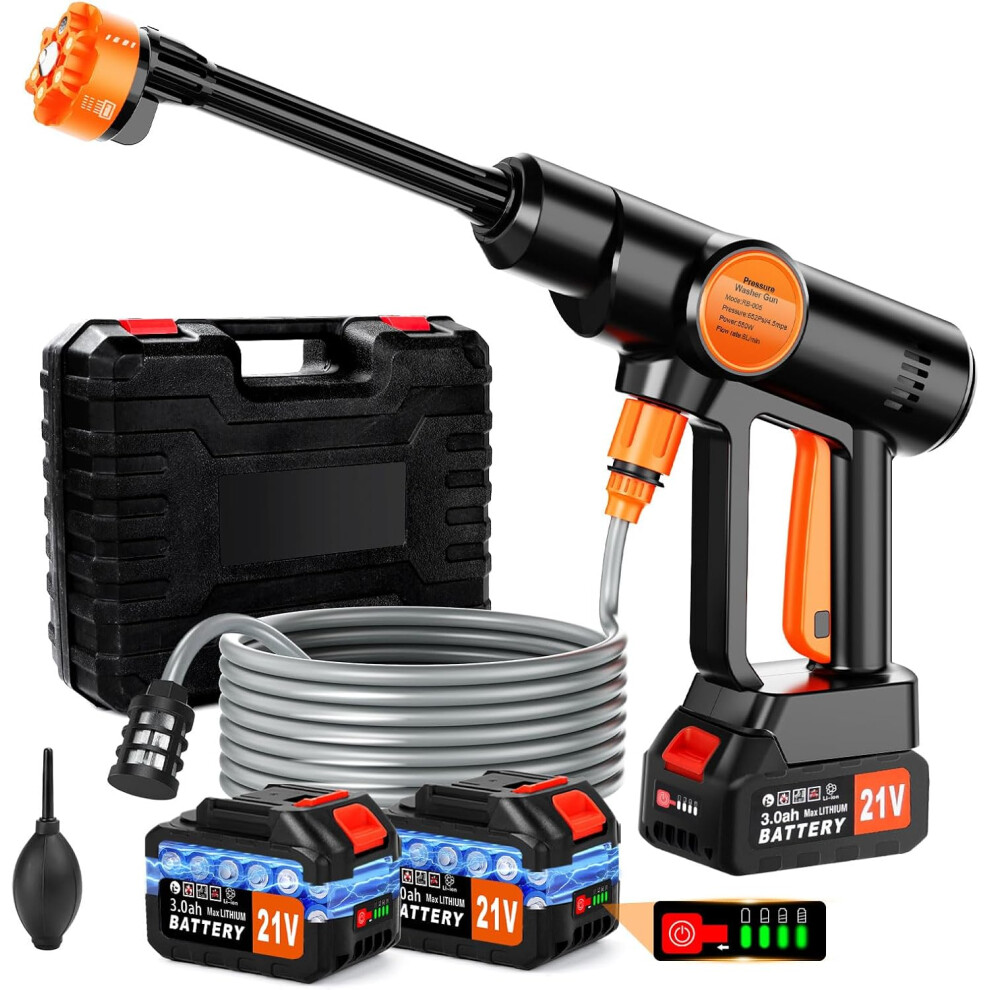 21V Cordless Pressure Washer with 2Pcs 3000mAh Battery, Portable Pressure Washer Gun, 6-in-1 Nozzle, 5m Hose & Tap Connector, Portable Jet Washer
