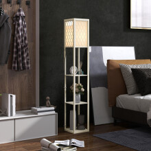 HOMCOM Modern Floor Lamp Light with 3 Shelves Fabric Lampshade Oak