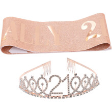 21st Birthday Sash and Crown Set for Women Rose Tiara and Satin Sash