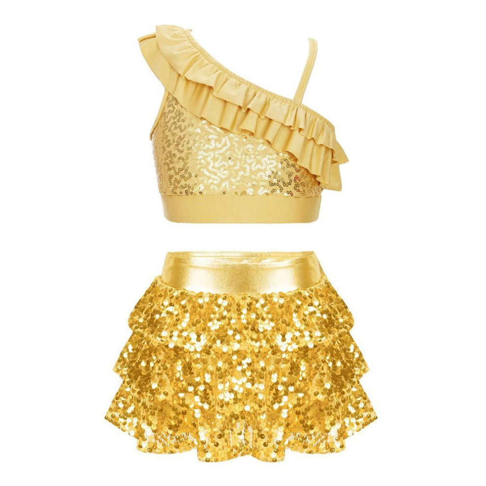(gold, 11-12 Years) Kids Girls Dance Costume Sequin Top With Skirted Shorts 2pcs Modern Gymnastic Dancewear