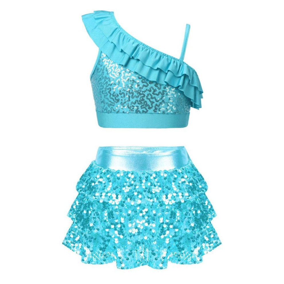 (light blue, 7-8 Years) Kids Girls Dance Costume Sequin Top With Skirted Shorts 2pcs Modern Gymnastic Dancewear