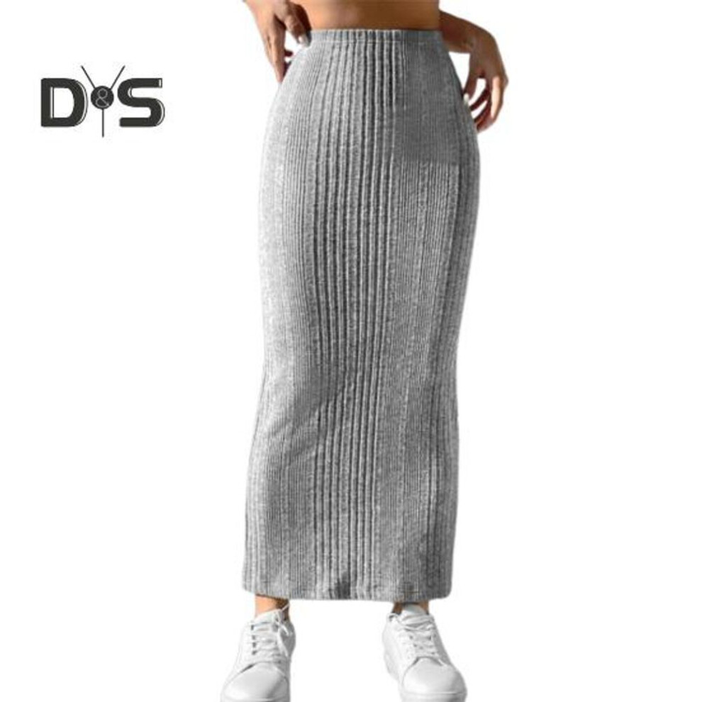 (S, light grey) Women Fall Winter Skirt High Waist Knitted Elastic Thick Warm Ankle Length Striped Slim Fit Soft Sheath Lady Maxi Skirt