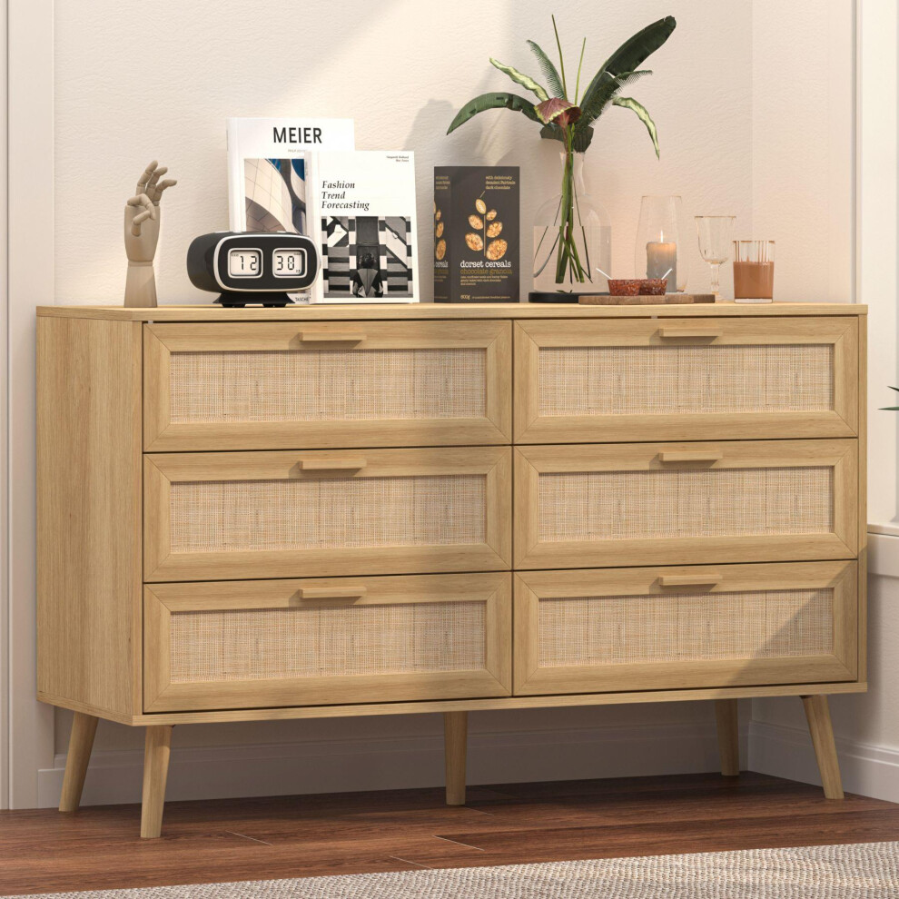 Chest of 6 Drawers Rattan Fronts & Solid Wooden Legs 120cm Wide