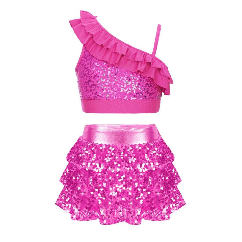 (hot pink, 13-14 Years) Kids Girls Dance Costume Sequin Top With Skirted Shorts 2pcs Modern Gymnastic Dancewear