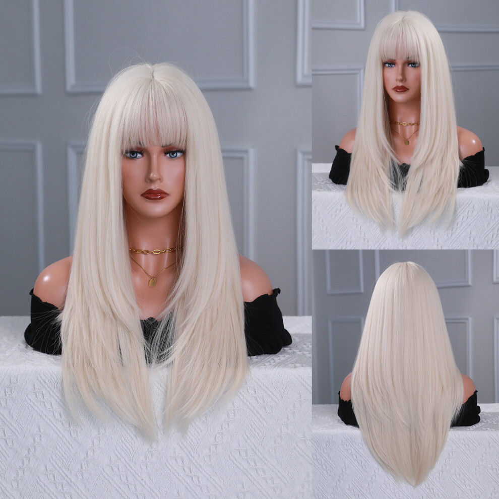 Unisex Pink,Brown,Purple (Platinum_60cm 24Inch) New European And American Purple Wig Straight Hair For Women Hair Pink Brown Air Long Straight Hair Layered Chemical Fiber Long