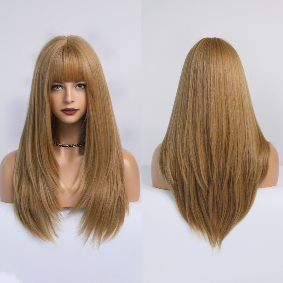 Unisex Pink,Brown,Purple (Strawberry Gold_60cm 24Inch) New European And American Purple Wig Straight Hair For Women Hair Pink Brown Air Long Straight Hair Layered Chemical Fib