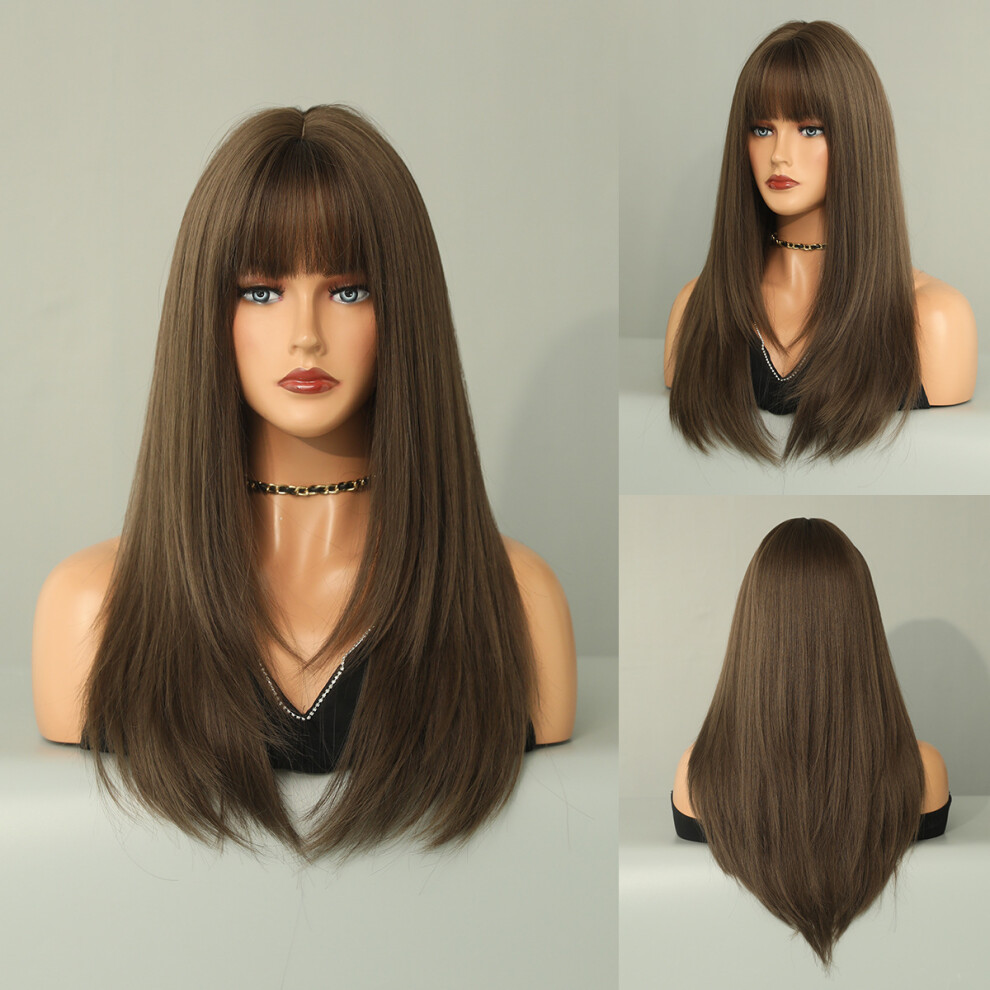 Unisex Pink,Brown,Purple (Cold Brown_60cm 24Inch) New European And American Purple Wig Straight Hair For Women Hair Pink Brown Air Long Straight Hair Layered Chemical Fiber Lo