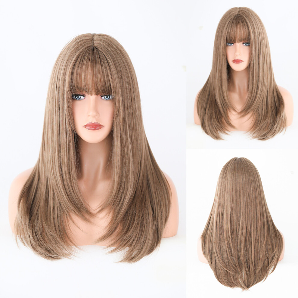 Unisex Pink,Brown,Purple (Honey Tea Flax_60cm 24Inch) New European And American Purple Wig Straight Hair For Women Hair Pink Brown Air Long Straight Hair Layered Chemical Fibe