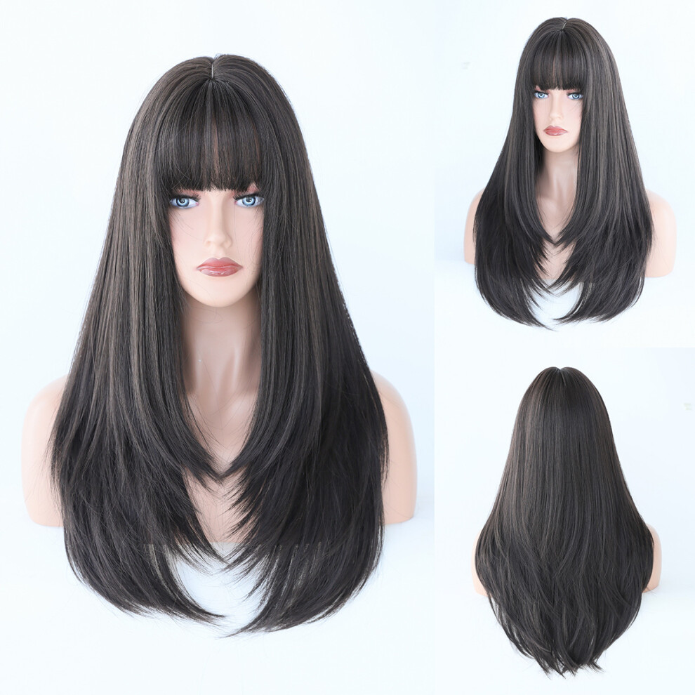 Unisex Pink,Black,Brown (Black Tea Color_60cm 24Inch) New European And American Purple Wig Straight Hair For Women Hair Pink Brown Air Long Straight Hair Layered Chemical Fib
