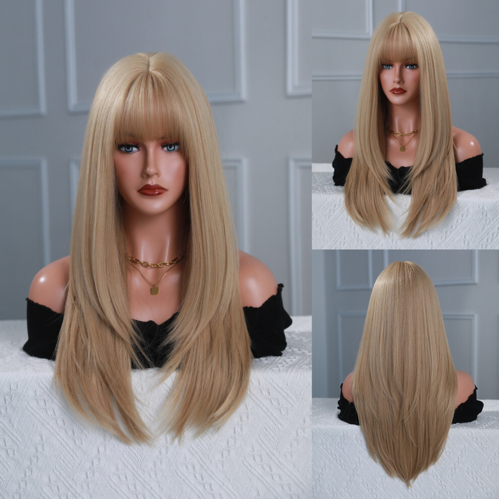 Unisex Pink,Brown,Purple (Golden_60cm 24Inch) New European And American Purple Wig Straight Hair For Women Hair Pink Brown Air Long Straight Hair Layered Chemical Fiber Long H
