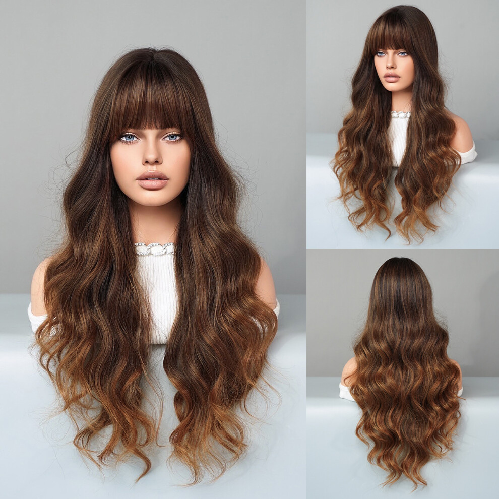 (Brown Gold Gradient Top Dyeing_67cm 26.37 Inch) New wigs for women's natural black curly hair, large waves, full headband, chemical fiber wig