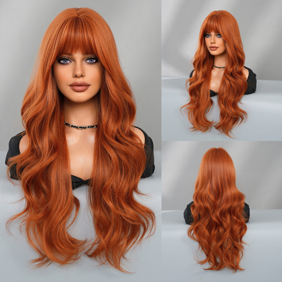 ((Model Features) Maple Leaf Orange_70cm 28Inch) New European and American orange wig long curly hair large wavy head cover rose net chemical fiber or