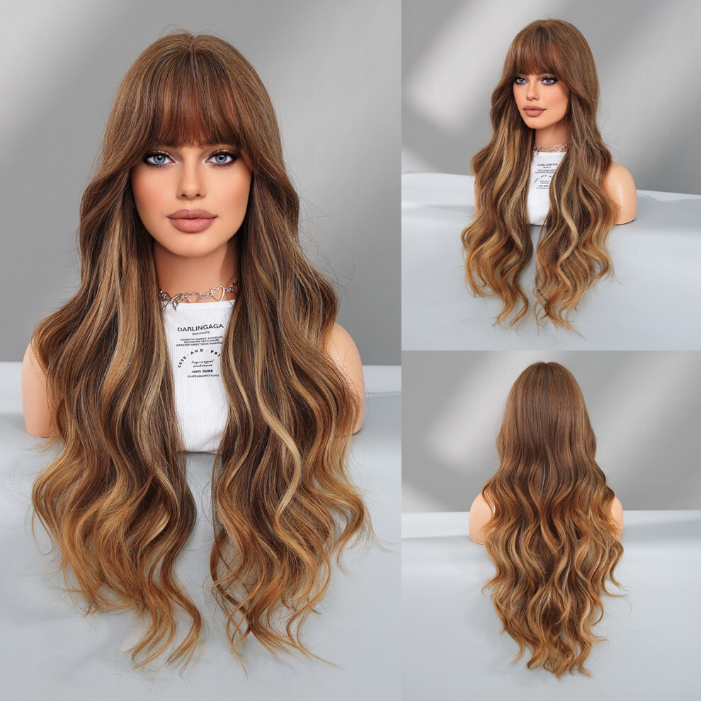((Model Features) Middle-aged Gold Pick Color_75Cm 30inch) New wigs New blonde highlighted long curly hair Large waves with chemical fiber head cover