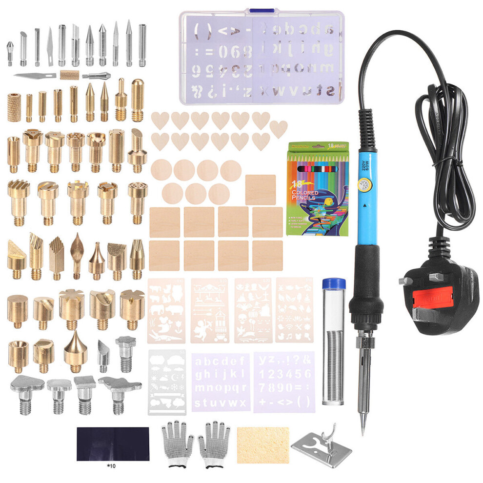 (UK Plug) 128Pcs 60W Electric Soldering Iron Kit Engraving Pen Wood Burning Pyrography Craft Tool