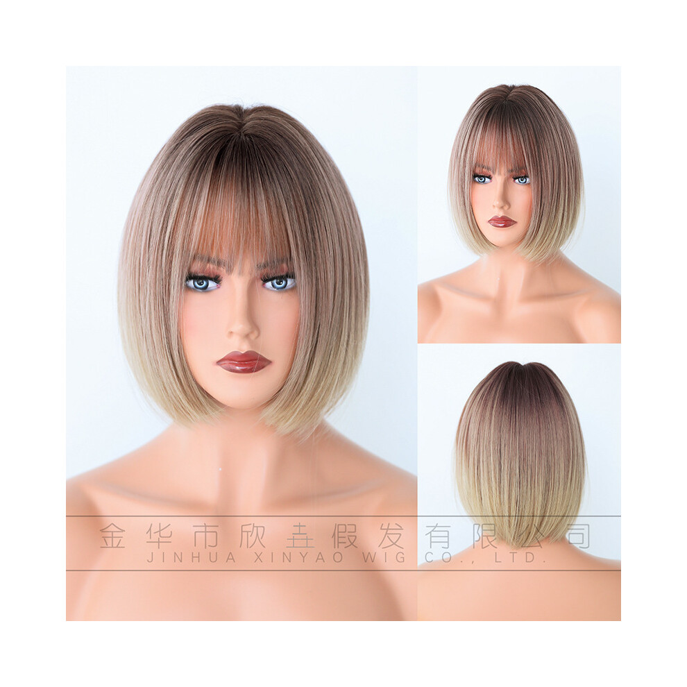 ((Model Features) Gradient Rose Gold_33cm 13inch) New European and American wigs for women BoB head short straight hair gradient color simulation full