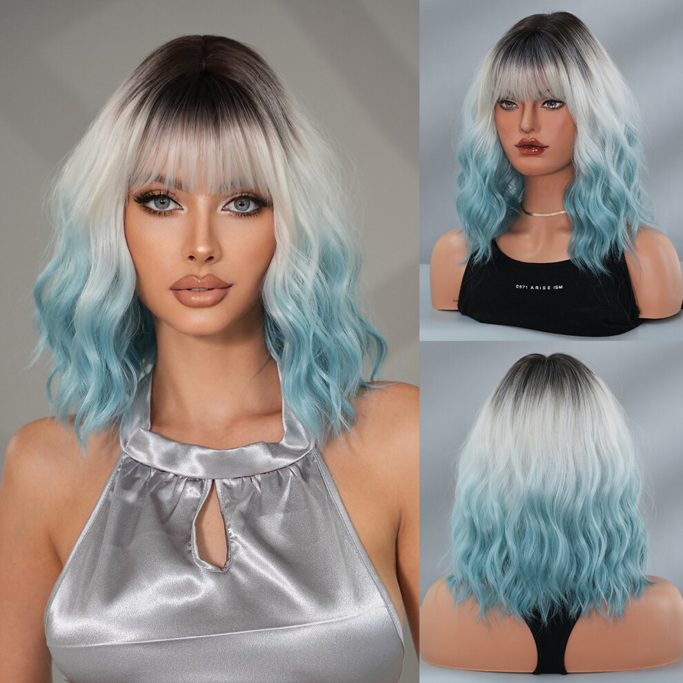 (Salt water blue_37cm 14 inch) New 2025 Fashion Wine Red Short Curly Wig Women Water Rippled Bob Head Chemical Fiber Full Head Cover