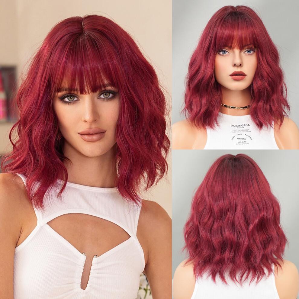((Model Features) Rose Wine_37cm 14 inch) New 2025 Fashion Wine Red Short Curly Wig Women Water Rippled Bob Head Chemical Fiber Full Head Cover