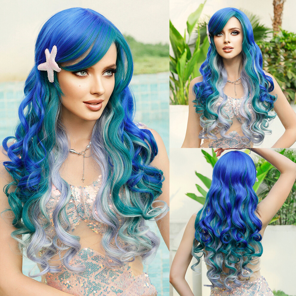 (Mermaid Blue Purple Gradient_70cm 27.55 Inch) New European and American hot-selling Blonde Barbie Cosplay wig long curly hair high-quality chemical f