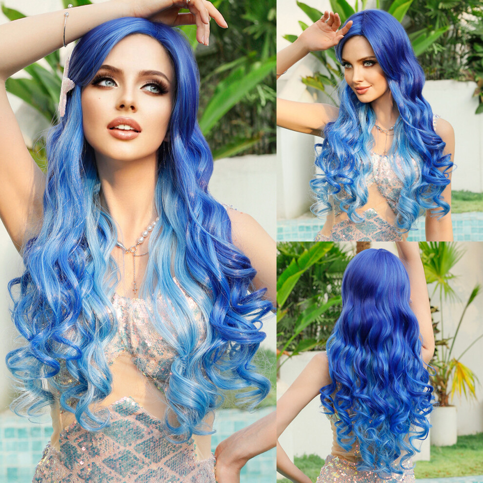 Unisex Blue (Mermaid Ice Gradient_70cm 27.55 Inch) New European And American Hot-Selling Blonde Barbie Cosplay Wig Long Curly Hair High-Quality Chemical Fibe