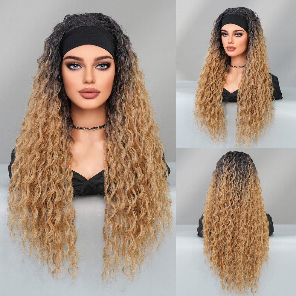 Unisex Black,Gold (Mocha Gold Top Dye _77Cm 30Inch) New Black Women's Headband Wig African Small Curly Hairband Wig Kinky Curly Headband Wigs
