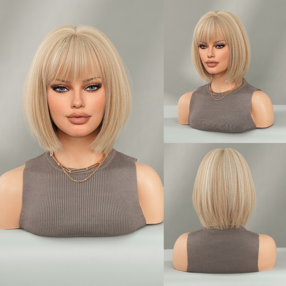 Unisex Black (Warm Rice Gold_32cm 12Inch) New European And American Short Hair Bob Bob Wig Female Short Straight Hair Hood Chemical Fiber Wig