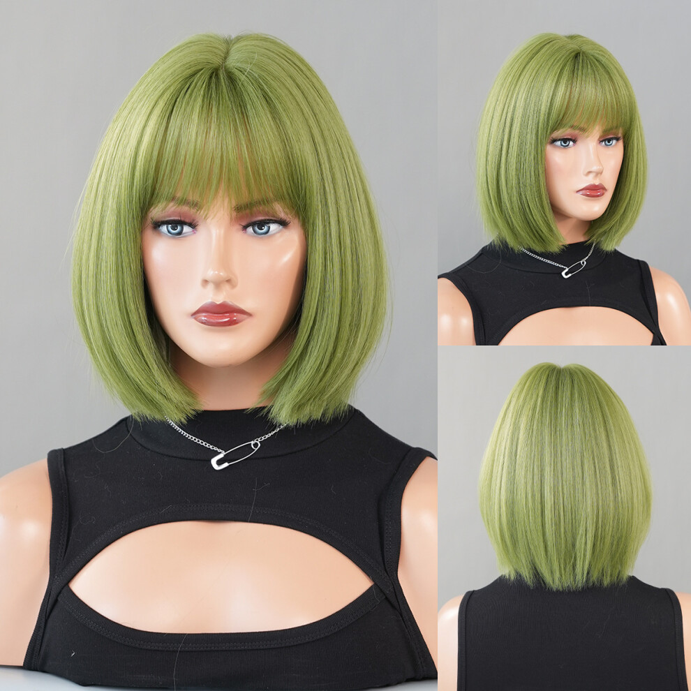 Unisex Black (Vanilla Green_32cm 12Inch) New European And American Short Hair Bob Bob Wig Female Short Straight Hair Hood Chemical Fiber Wig