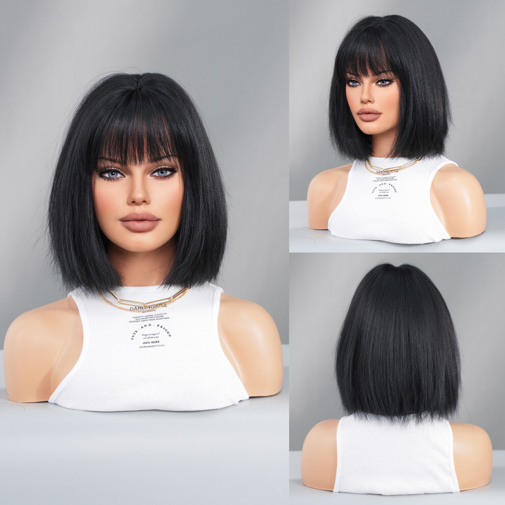 Unisex Black ((Model Features) Yaki _32Cm 12Inch) New European And American Short Hair Bob Bob Wig Female Short Straight Hair Hood Chemical Fiber Wig