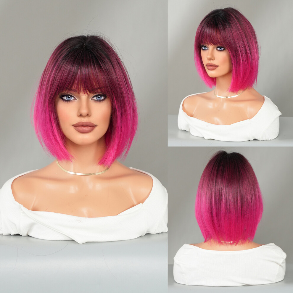Unisex Black (Rose Powder Gradient_32cm 12Inch) New European And American Short Hair Bob Bob Wig Female Short Straight Hair Hood Chemical Fiber Wig