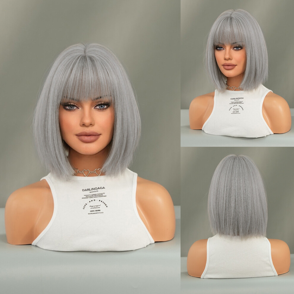 Unisex Black (Rice Tea Ash_32cm 12Inch) New European And American Short Hair Bob Bob Wig Female Short Straight Hair Hood Chemical Fiber Wig