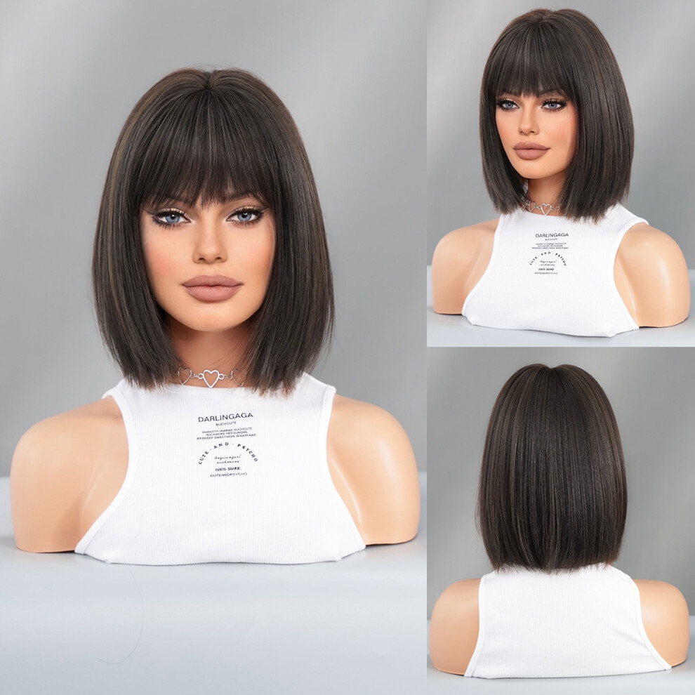Unisex Orange,Black (Honey Orange Brown_32cm 12Inch) New European And American Short Hair Bob Bob Wig Female Black Short Straight Hair Hood Chemical Fiber Wig