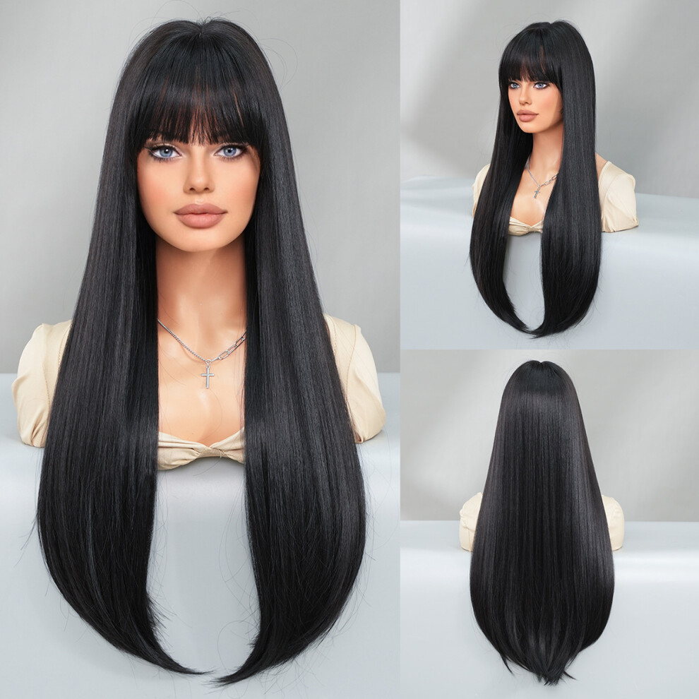 Unisex Brown (Natural Black_70cm 28 Inch) New European And American Women's Long Straight Hair Mocha Inward Buckle Layered Fashion Wig Full Head Cover Wigs