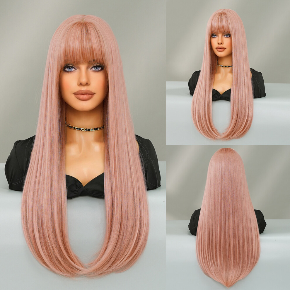 Unisex Orange,Brown (Orange Pink_70cm 28 Inch) New European And American Women's Long Straight Hair Mocha Brown Inward Buckle Layered Fashion Wig Full Head Cover Wigs
