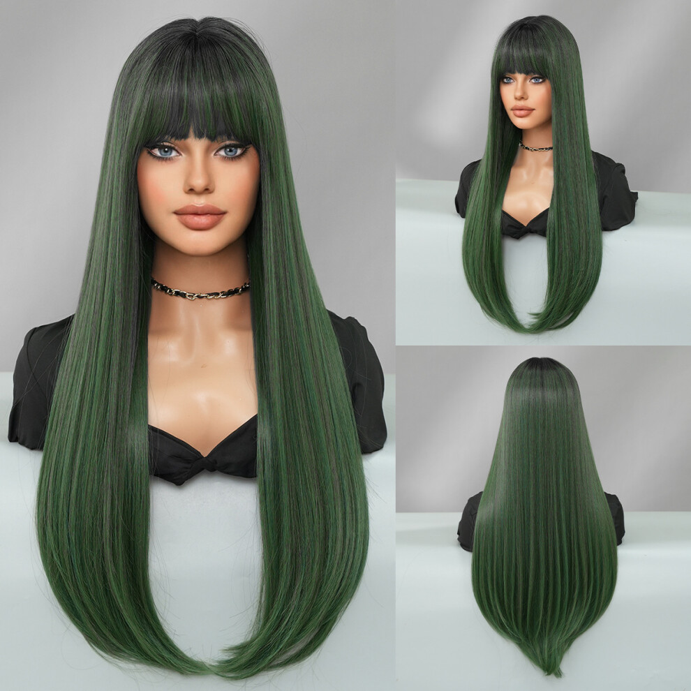 Unisex Green,Brown (Green Fruit Green Head Dye_70cm 28 Inch) New European And American Women's Long Straight Hair Mocha Brown Inward Buckle Layered Fashion Wig Full Head