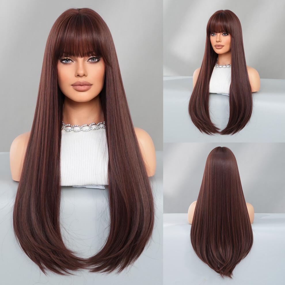 Unisex Red,Brown ((Model Features) Mocha Red Brown_70cm 28 Inch) New European And American Women's Long Straight Hair Mocha Brown Inward Buckle Layered Fashion Wig Ful