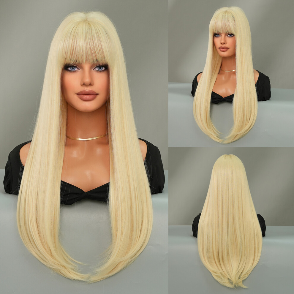 Unisex Brown (Light Golden_70cm 28 Inch) New European And American Women's Long Straight Hair Mocha Inward Buckle Layered Fashion Wig Full Head Cover Wigs